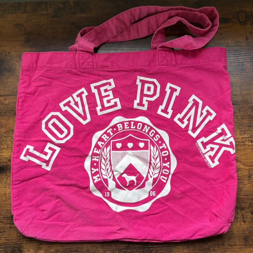 Victorias Secret LOVE PINK Canvas Tote Bag Pink Collegiate Crest Graphic 16x19